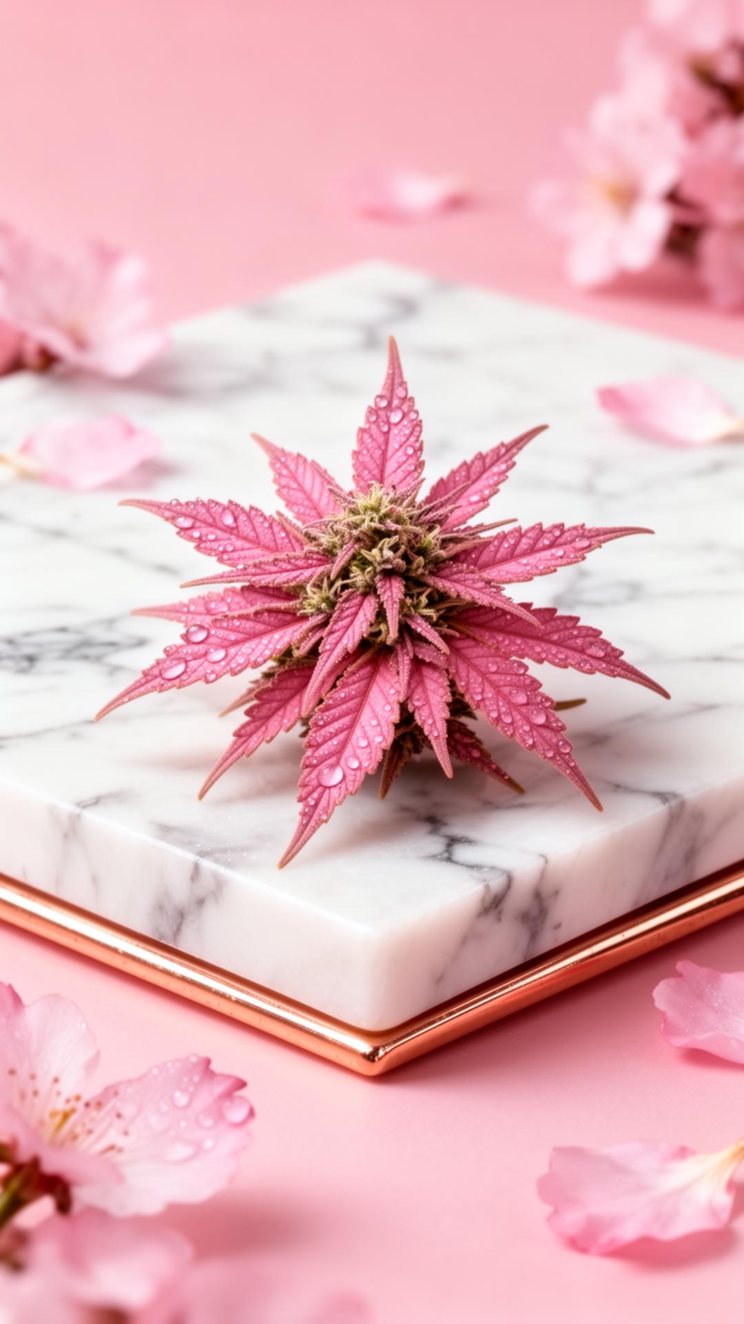 Pink cannabis flower on marble